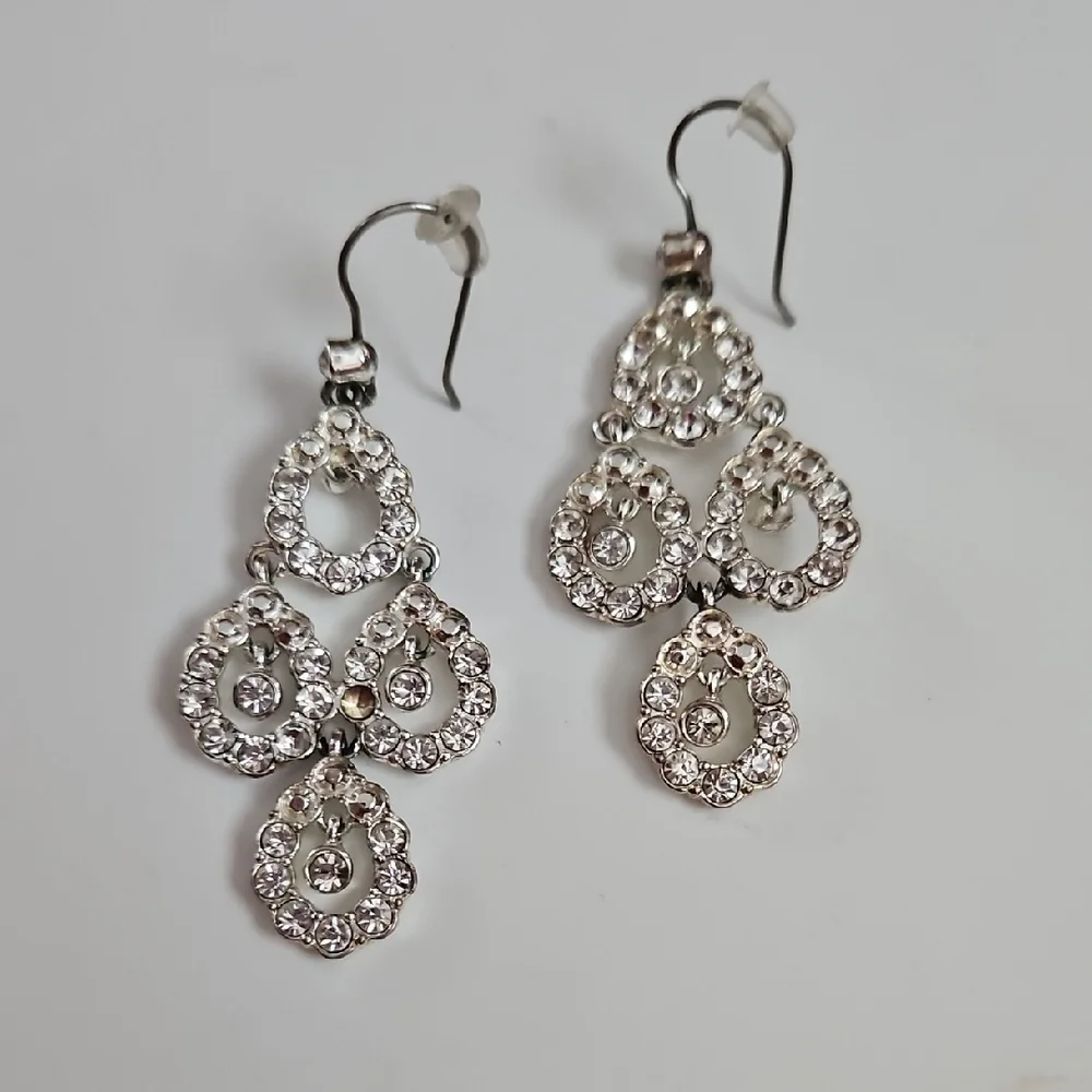 Rhinestone and Silver Tone Drop Earrings